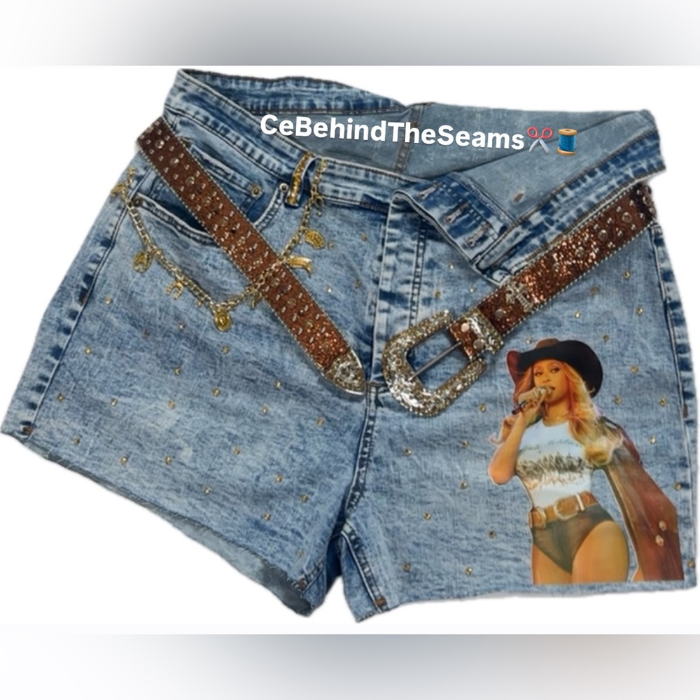 Beyonce Embellished Denim Shorts with Belt